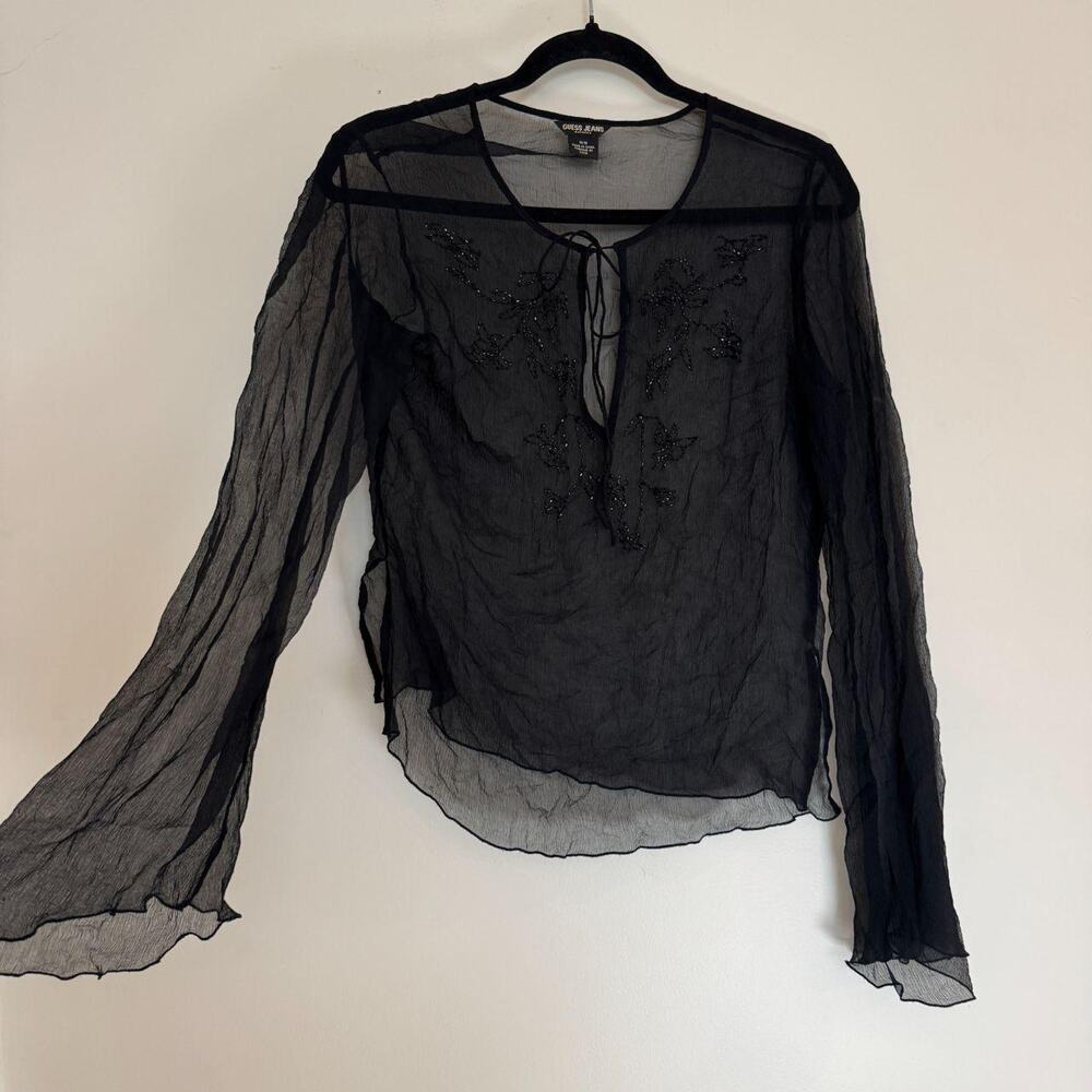 Vintage Guess Jeans Sheer Black Beaded Bell Sleeve Top